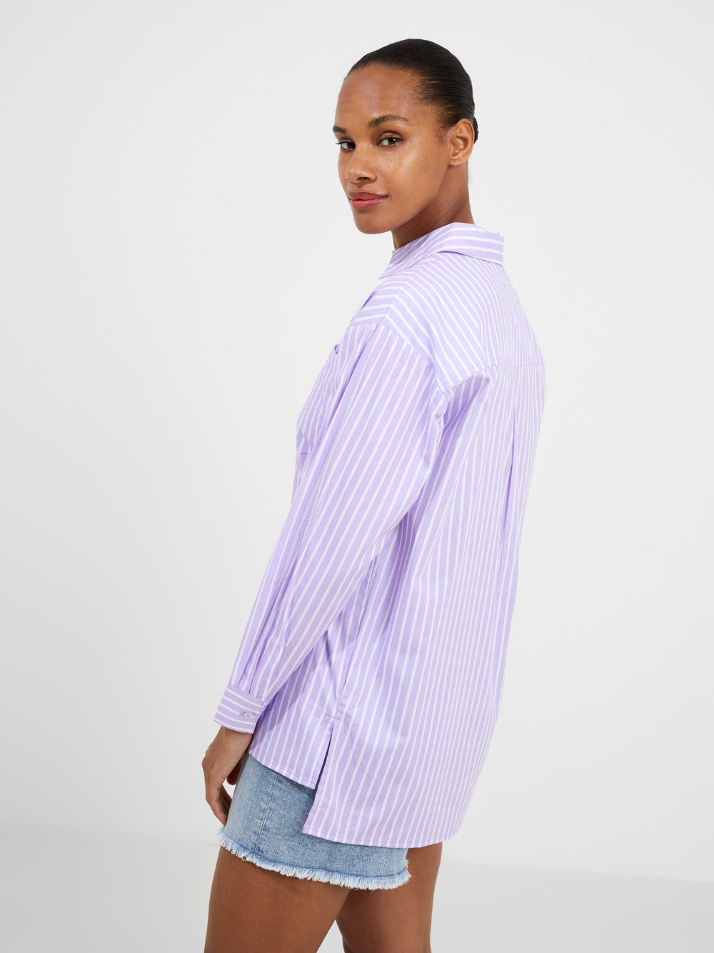 purple and white striped long sleeve shirt