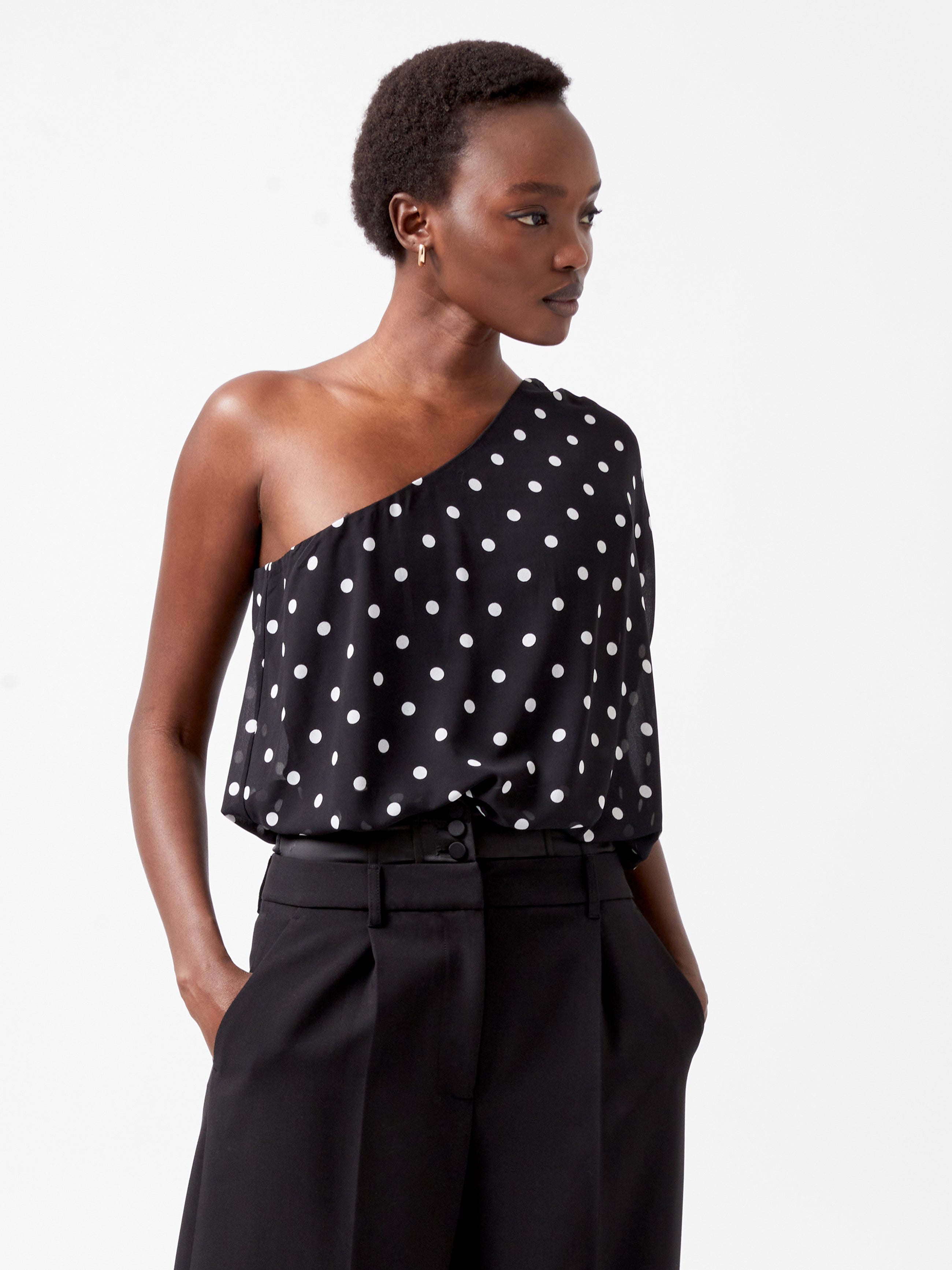 Xia Ponte Polka Dot Chiffon One Shoulder Bodysuit