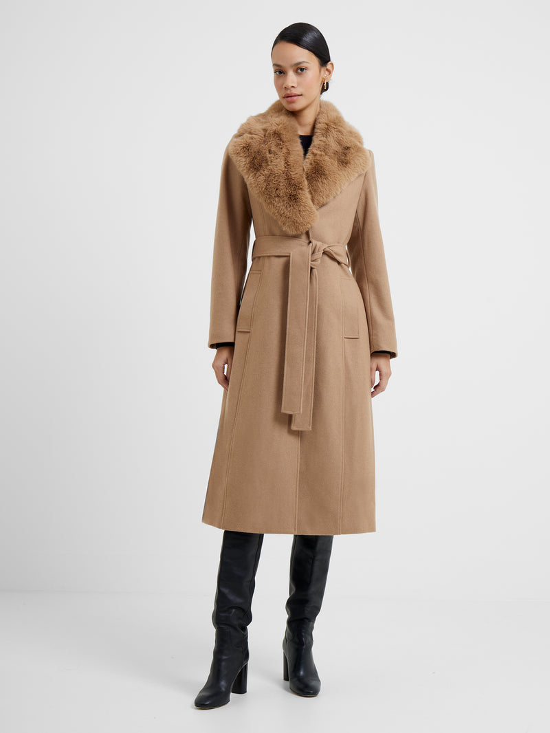 Favan Felt Faux Fur Collar Long Coat Camel | French Connection UK