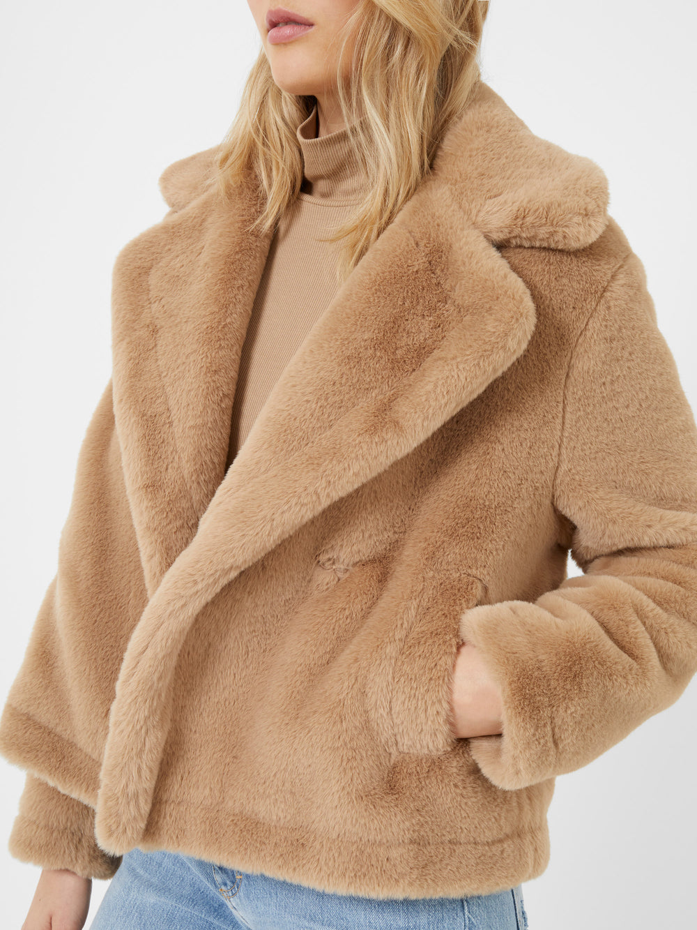 Buouna Recycled Faux Fur Short Coat Camel French Connection UK