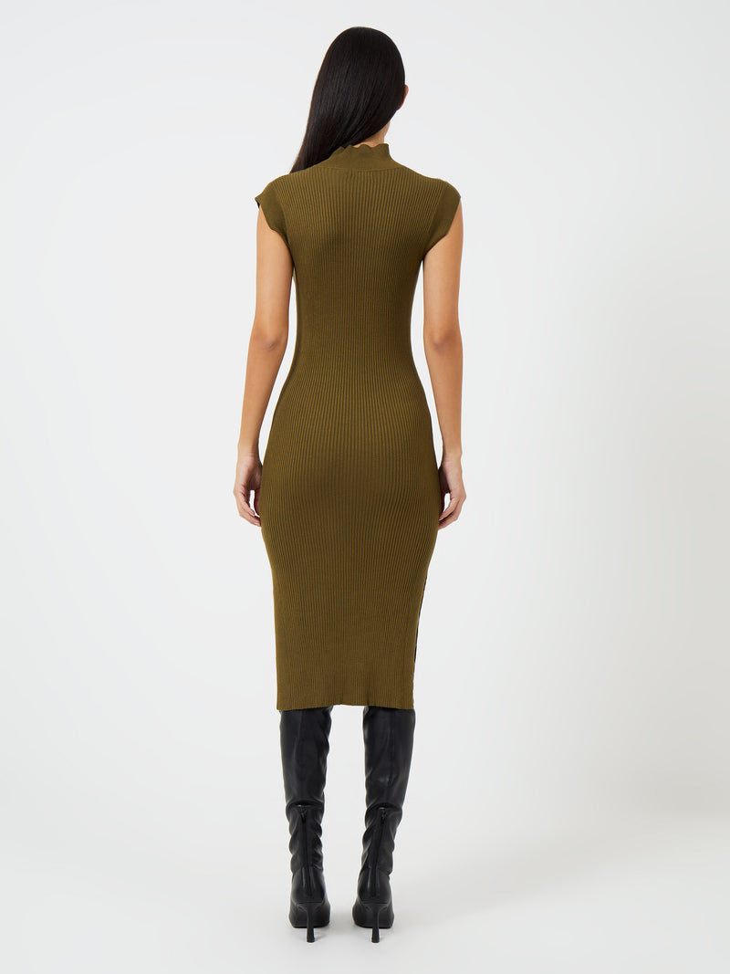 RIBBED FUNNEL NECK SLEEVELESS MIDI DRESS