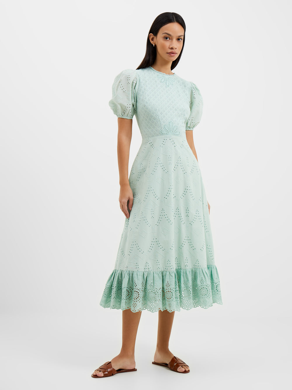 Esse Broderie Puff Sleeve Dress Green French UK Aqua Foam Connection 