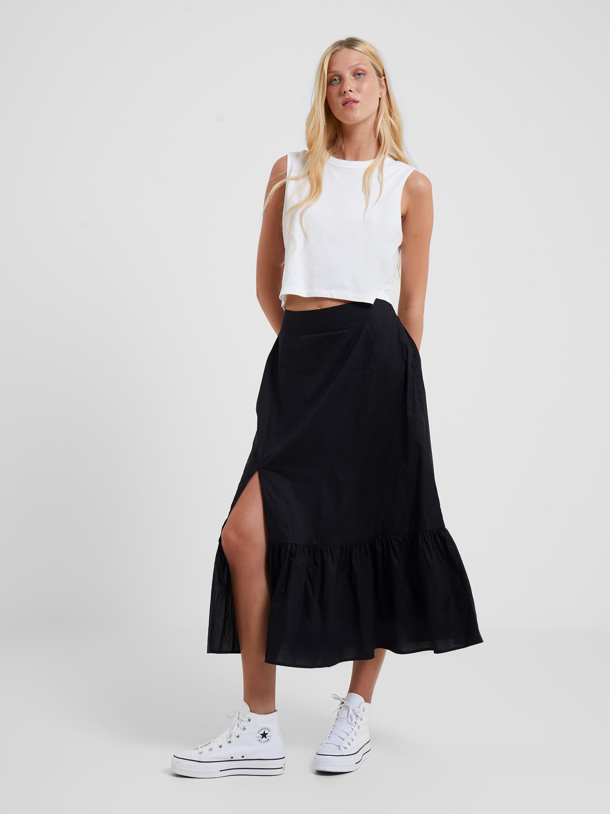 Rhodes Cotton Poplin Ruffle Maxi Skirt Black | French Connection UK