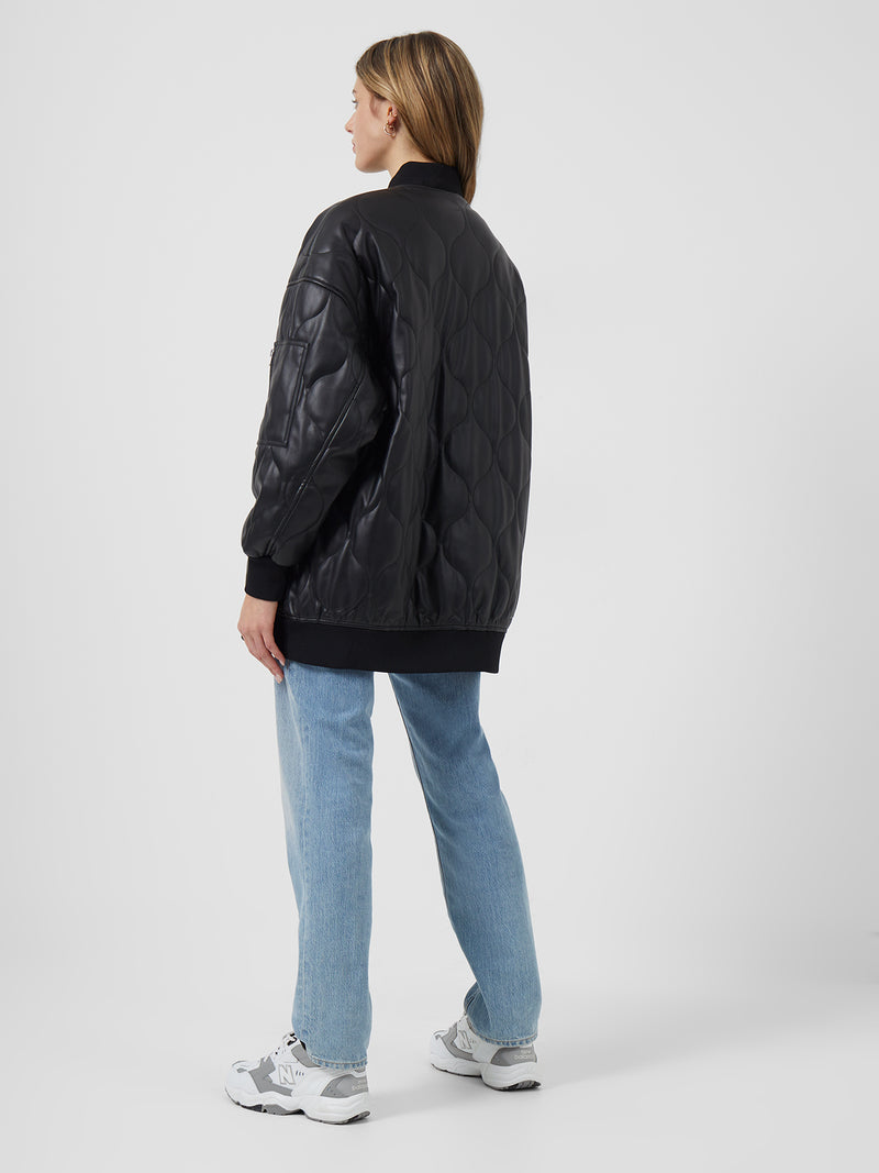Etta Recycled Vegan Leather Oversized Quilted Jacket Black/ Grenadine Mul |  French Connection UK