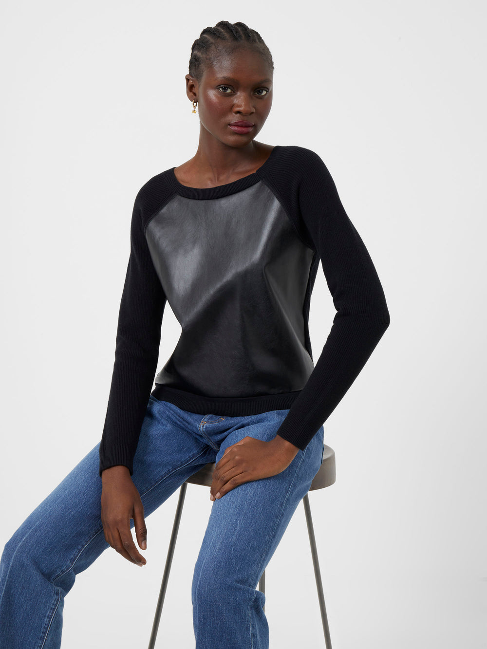 Mozart PU Knit Long Sleeve Top Black | French Connection UK