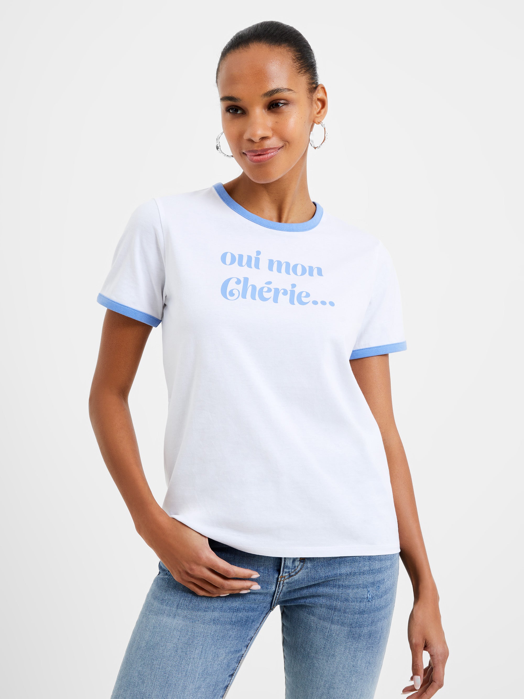 Oui Mon Cherie Ringer T-Shirt White/Tranquil Blue | French Connection UK